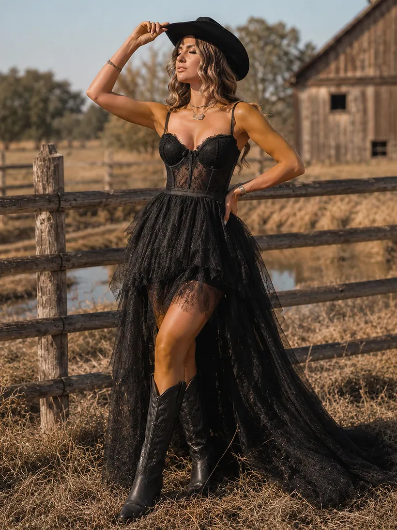 black lace dress with brown boots Corset High-Low Western Maxi Sincerely Jules brown dress bowedit Lace design on bodice Size:Plus Size (2XL to 4XL)