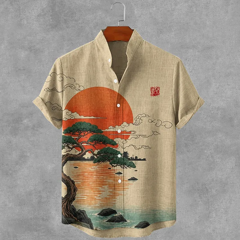Men's Japanese Pine Tree Art Pattern Linen Shirt  artssus