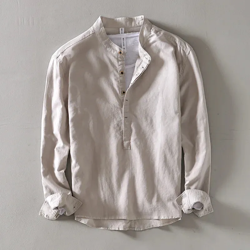 Men's Linen Blend Shirt &ndash; Relaxed Long Sleeve Summer Shirt &ndash; Khaki