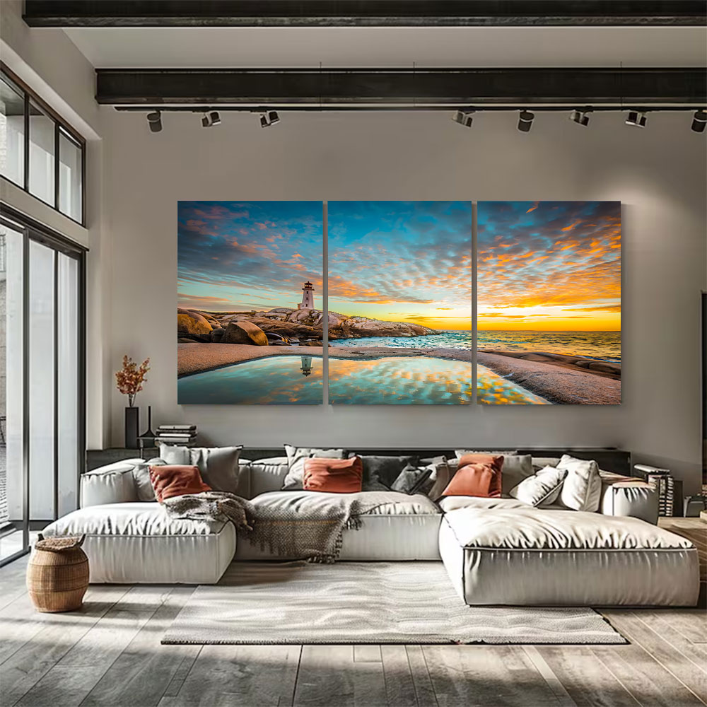 3-Piece Set Lighthouse Tidepool Sunset Canvas Art
