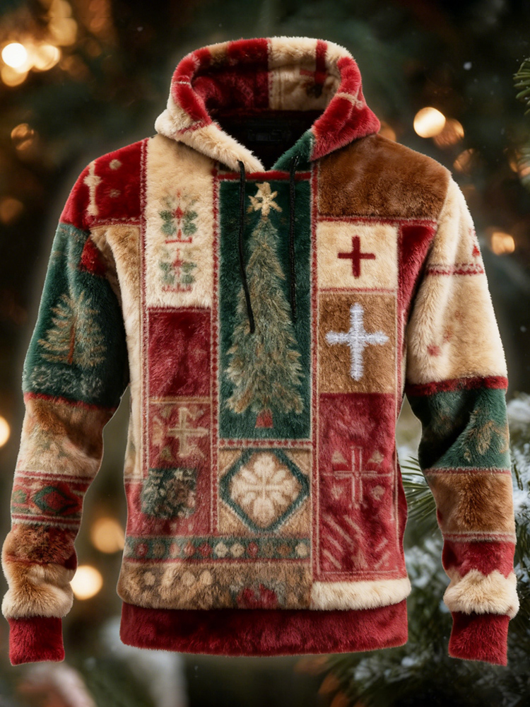 Christmas Tree & Cross Patchwork Design Men's Flannel Hooded Sweatshirt elevenforest