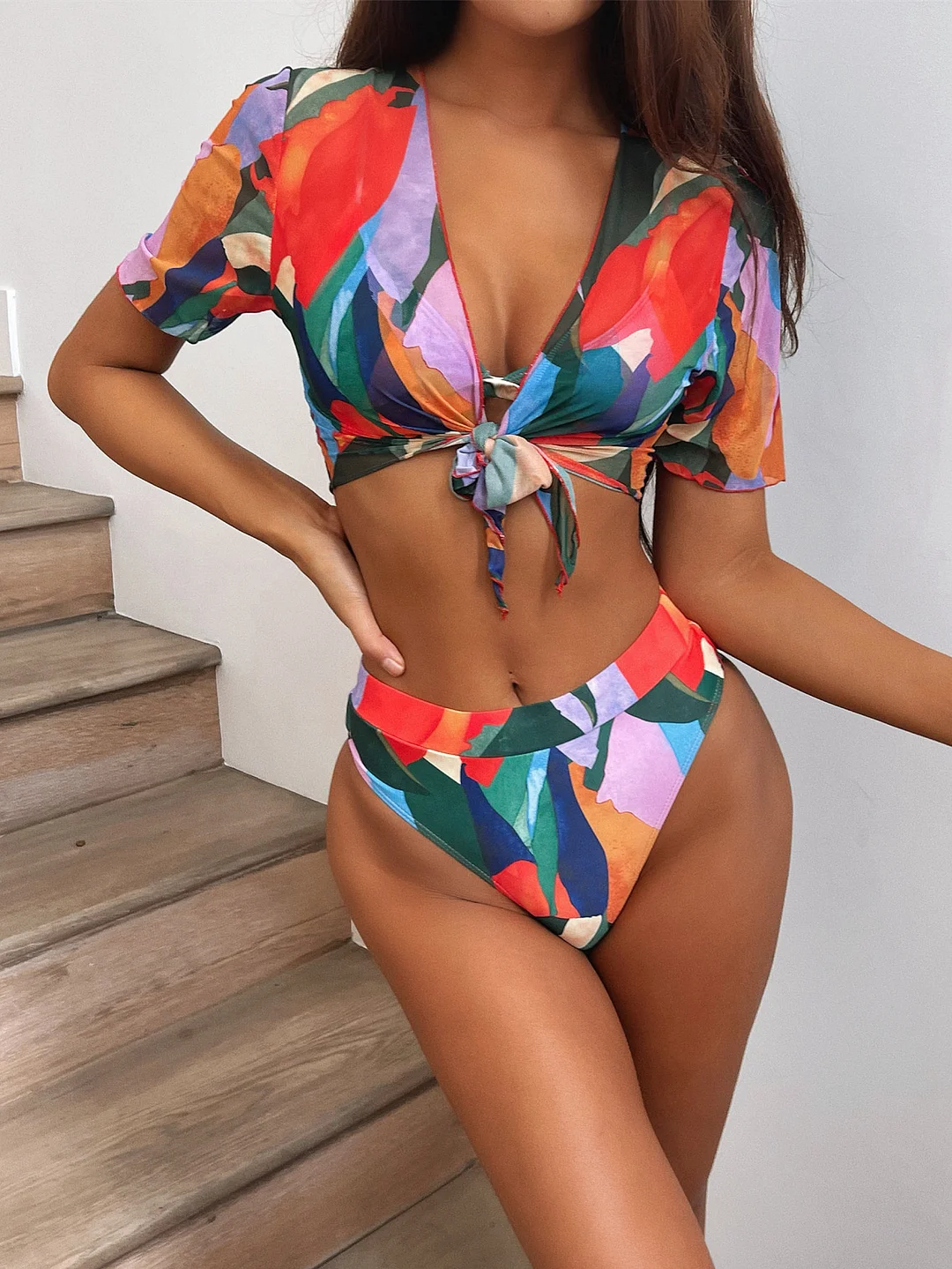 Prowow Women Bikini Set Cover-ups Push Up Bra High Waisted Panty 3pcs Swimsuit Fashion Print Bathing Suits Beachwear Outfits