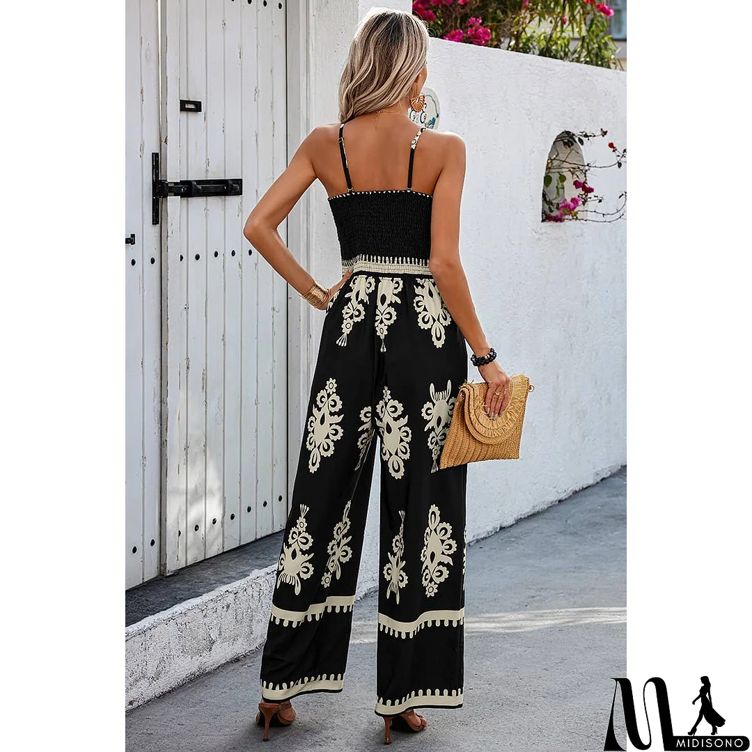 MidiSono - Off Shoulder Ruched Printed High Waist Jumpsuit