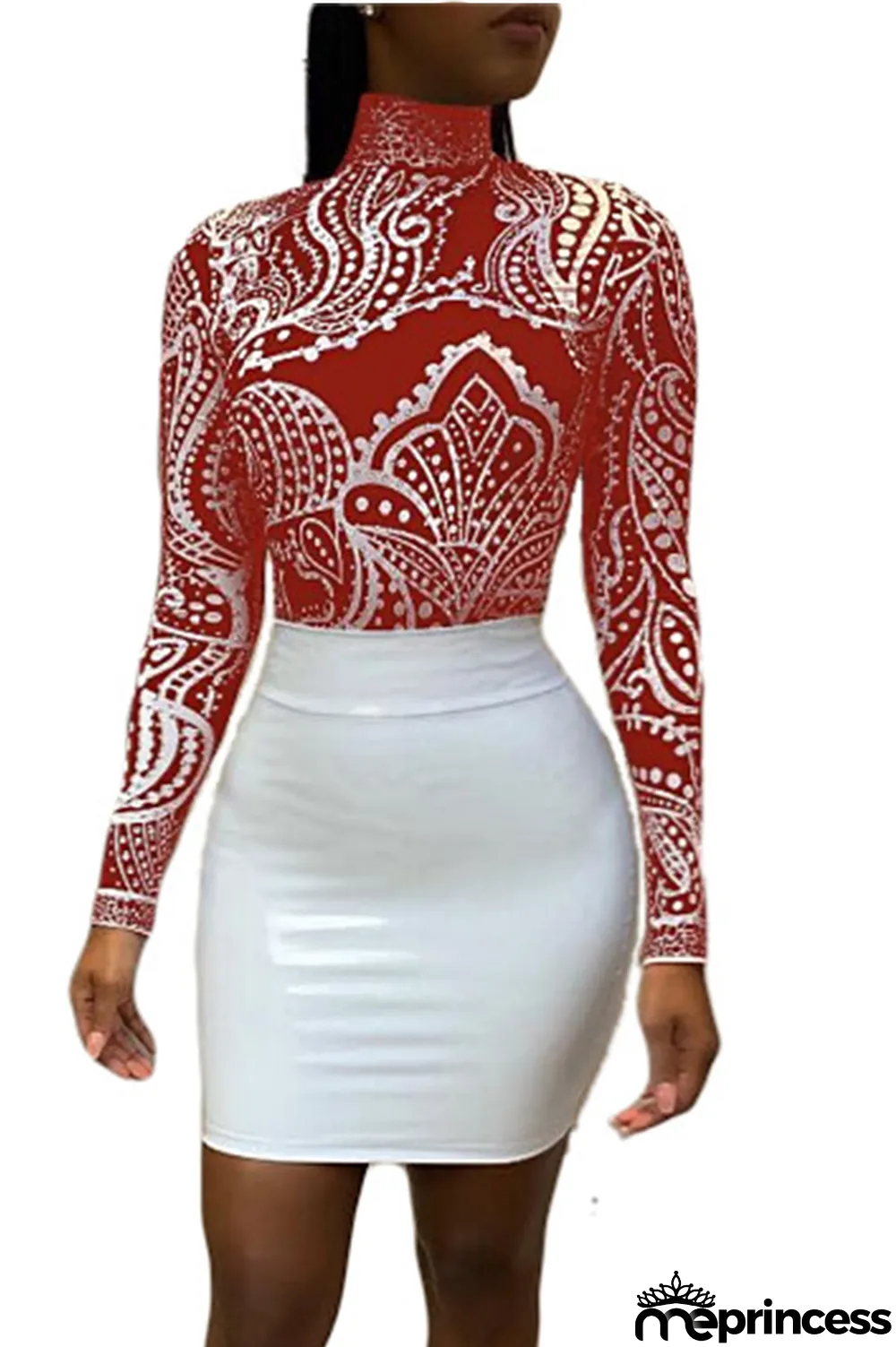 Black Turtleneck Long Sleeve Geometric Print Long Sleeve Tops