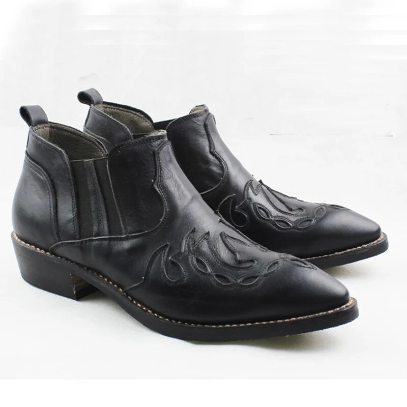 VCSHOES 3.5cm Heels Men Leather Boots Pointed Sewing Black Cowhide Genuine Leather Work Boots Western Cowboy Ankle Boots Botas Hombre