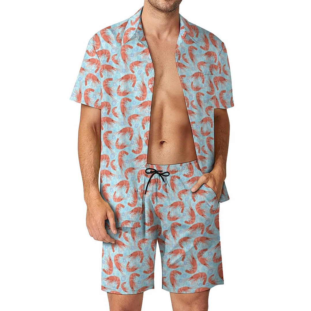 Shrimp Prawns Coral Sea Bubbles Nautical Lt Blue Men Hawaiian Button Down 2 Piece Shirt Shorts Set Beach Tropical Hawaii Suits
