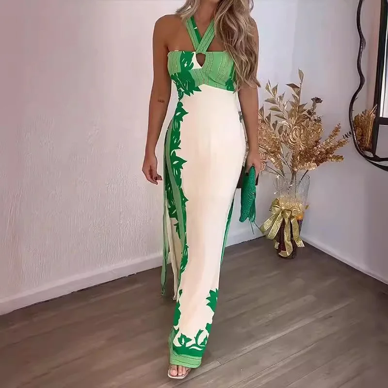 Uveng Uveng Summer New Hanging Neck Sexy Coloring Fashion Beach Long Print Dress Women's Clothing