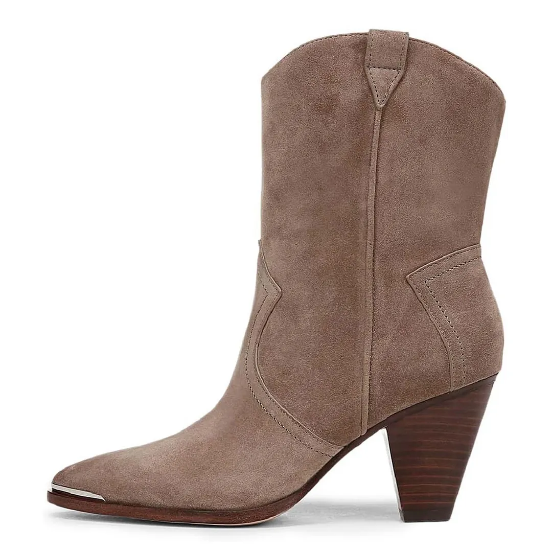 Taupe Vegan Suede Pointed Toe Cone Heel Simple Booties for Women