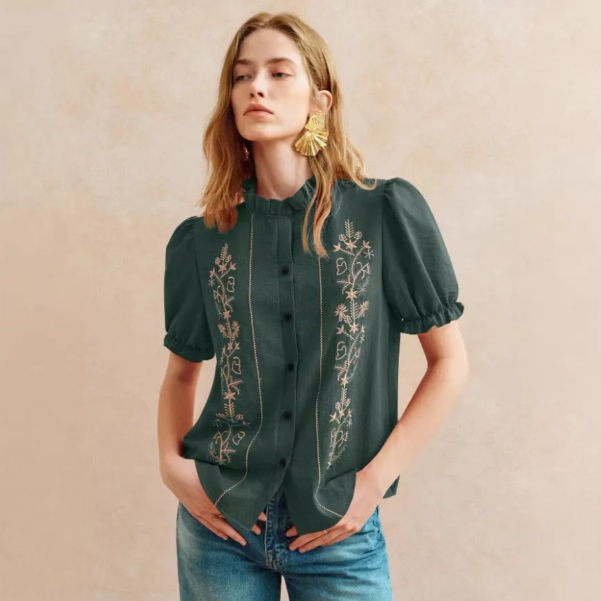 Floral Embroidered Ruffle Collar Puff Short Sleeve Blouse