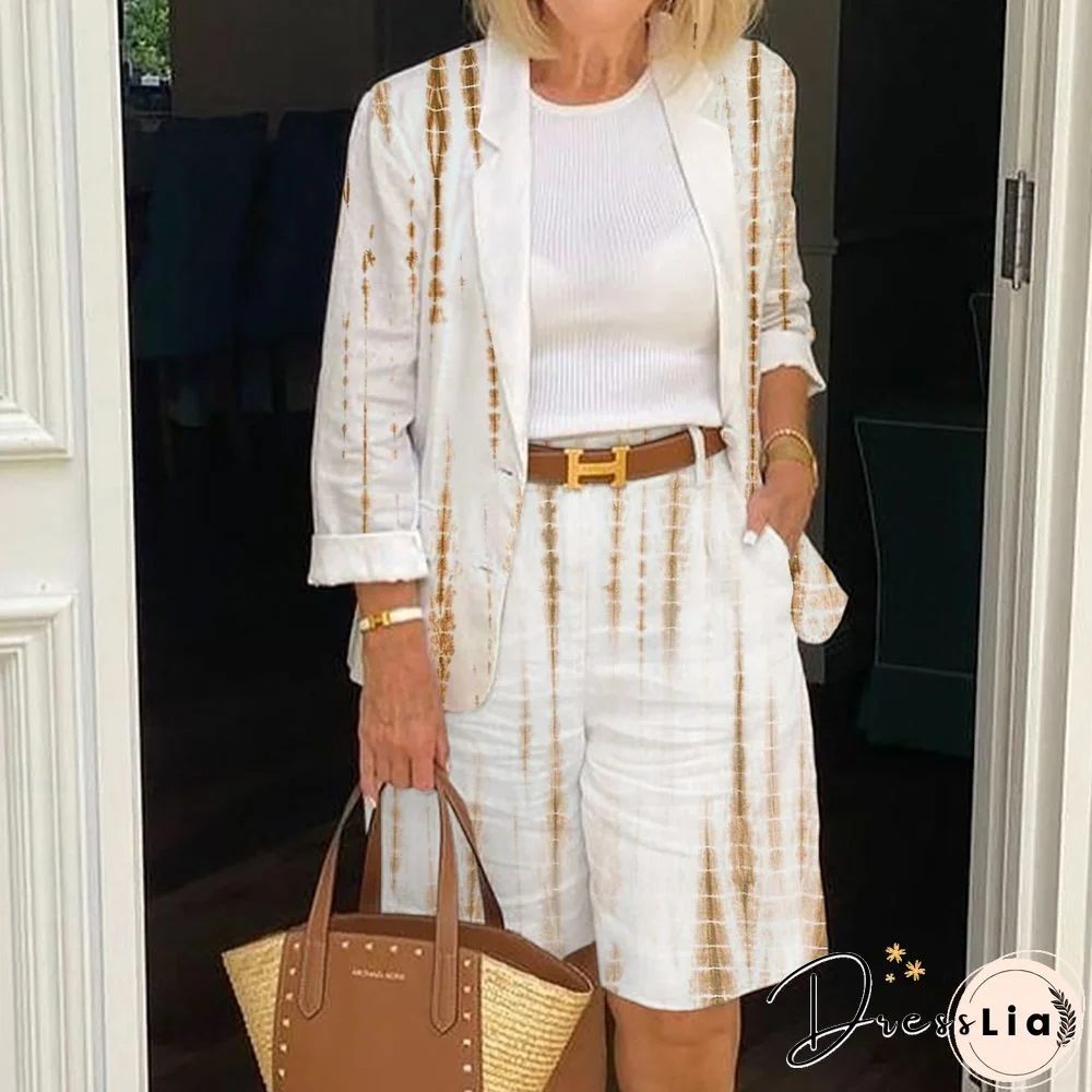 Women Printed Casual Outerwear&Shorts Set