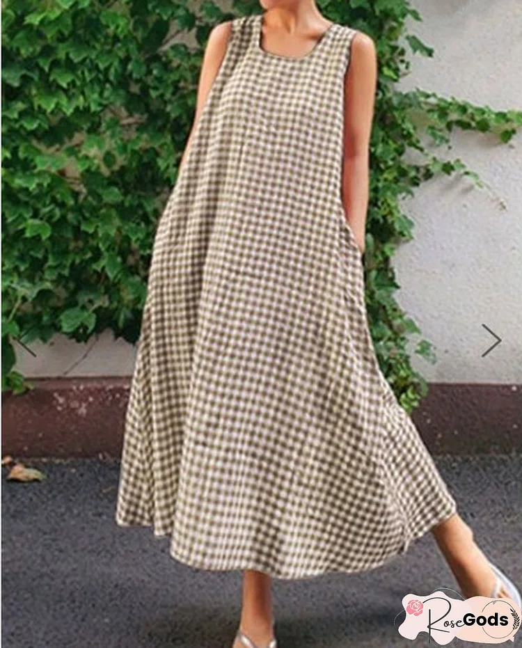 Cotton Plaid Loose Casual Sleeveless Dress Woman Linen