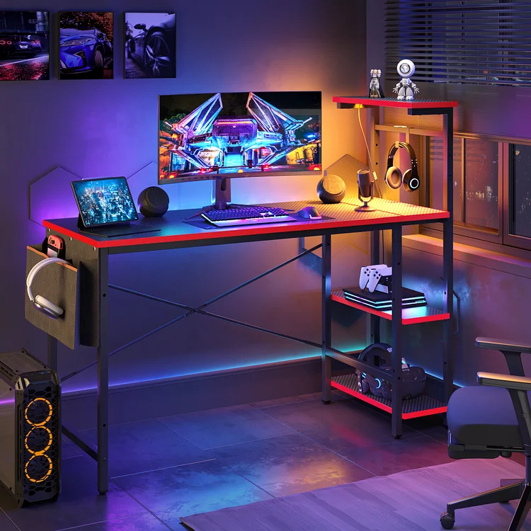 Bestier Gaming Desk with LED Lights, Computer Desk with 4-Tier Reversible Shelves, 51.3 Inch Home Office Writing Desk with Side Storage Bags, Hooks and Height Adjustable Shelves (Black Carbon Fiber)