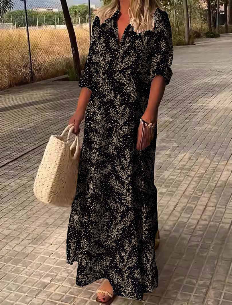 Women Leaf, Black, Gold DZDN0503 SPU Printed Long Sleeve V-neck Maxi Dress