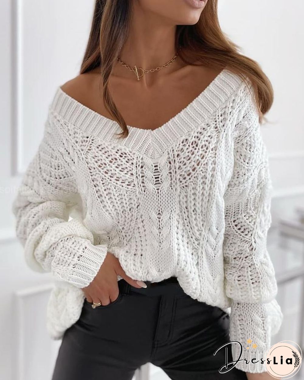Plain Hollow Out Cable Knit Sweater P13975