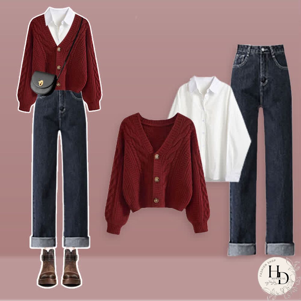 V-neck Cardigan Sweater Lapel Shirt Denim Pants Three Pieces Set