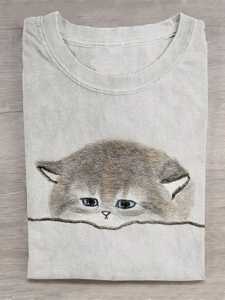 Cute Cat Art Print Casual T-shirt