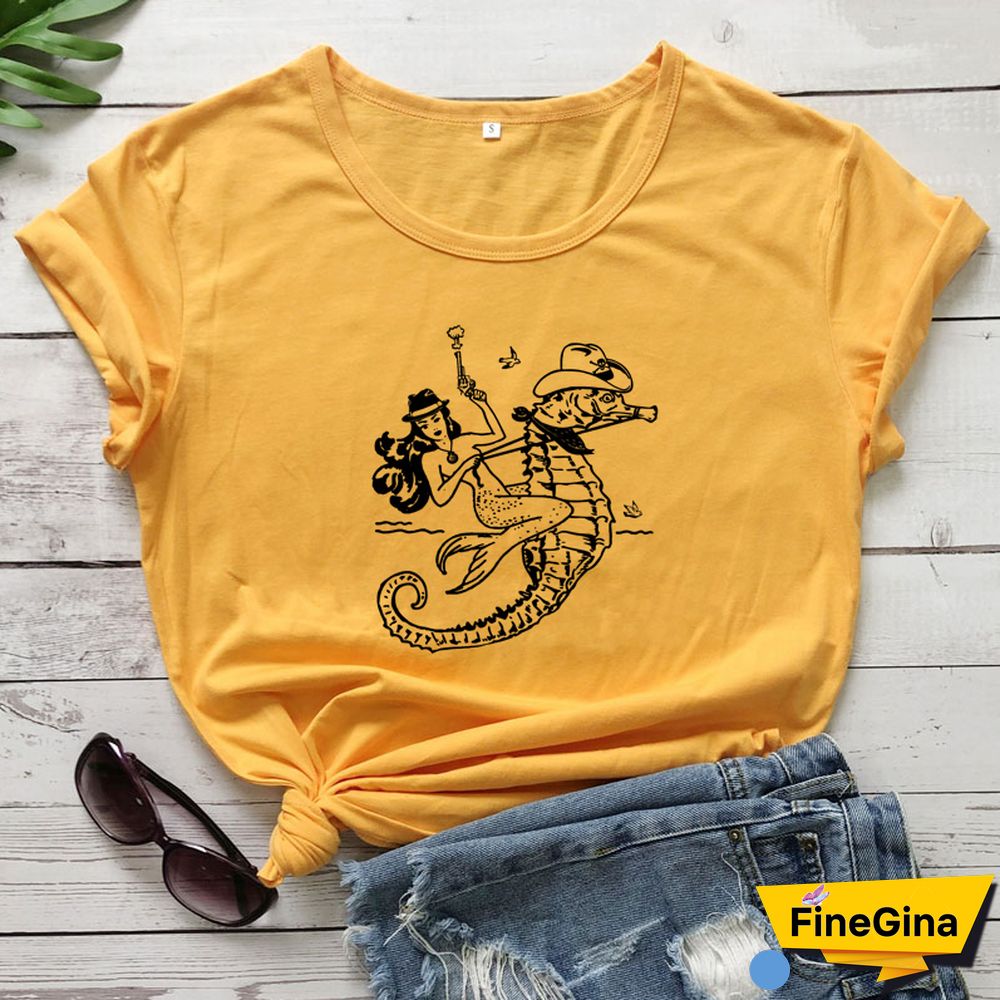 The Cowgirl Mermaid 100% Cotton T-shirt Aesthetic Sea-haw Rodeo Western Tshirt Funny Women Hipster Graphic Tee Shirt Top
