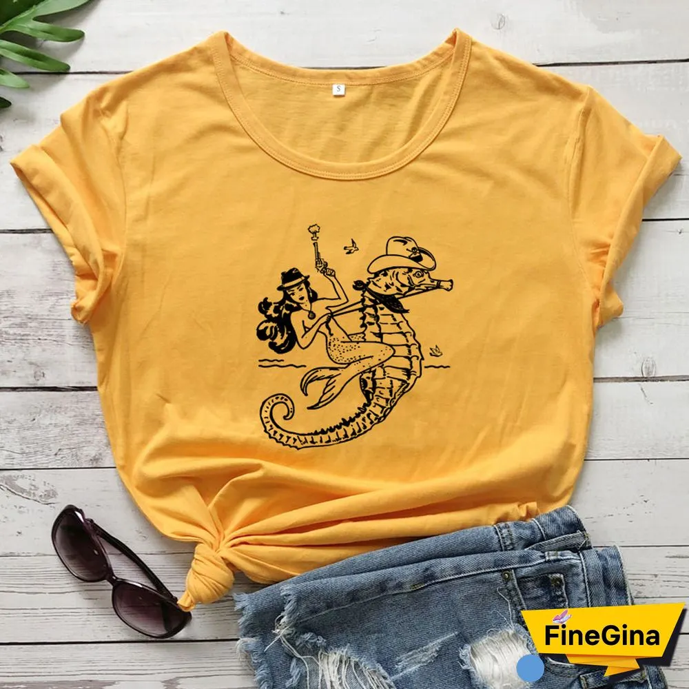 The Cowgirl Mermaid 100% Cotton T-shirt Aesthetic Sea-haw Rodeo Western Tshirt Funny Women Hipster Graphic Tee Shirt Top
