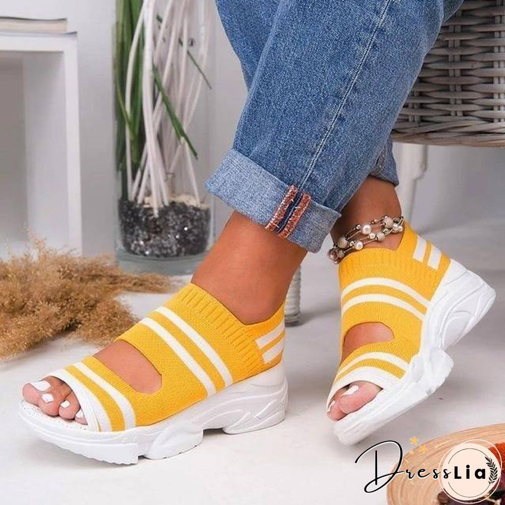 New Women Sandals High Heels Platform Women Shoes Summer Casual Female Sneakers Knitting Slip On Peep Toe Women Sandals
