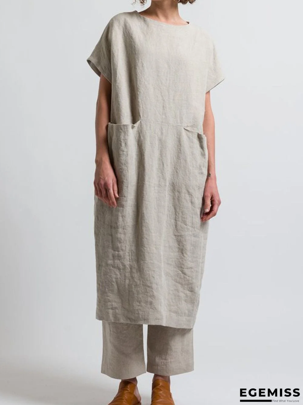 Short Sleeve Round Neck Casualdress Linen | EGEMISS