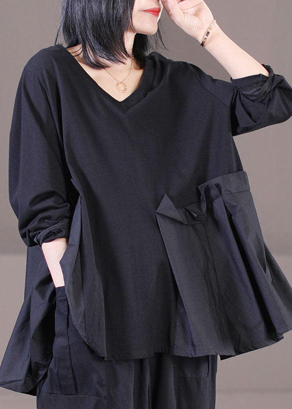 VCSHOES Loose Black V Neck Asymmetrical Design Patchwork Wrinkled Cotton Top Long Sleeve
