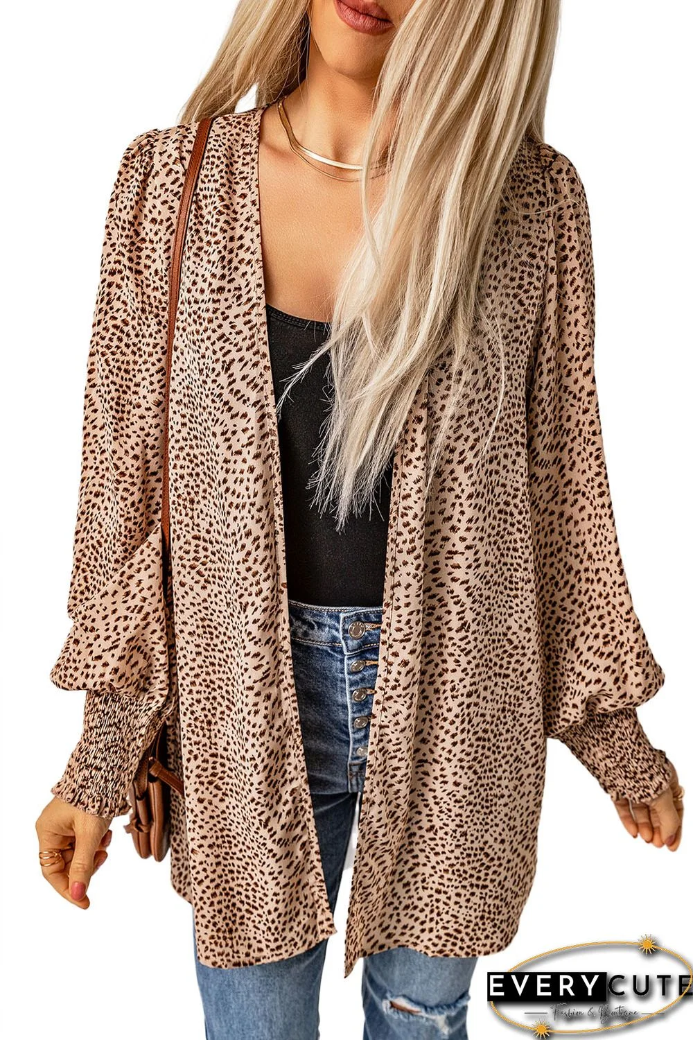 Apricot Animal Print Shirred Cuff Lantern Sleeve Cardigan