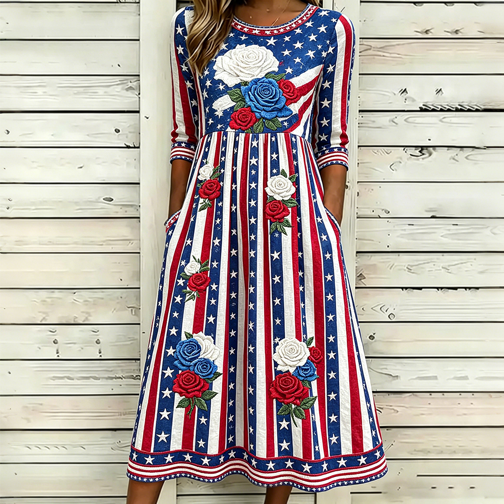  Vintage Floral American Flag Art Linen Maxi Dress Westsshops