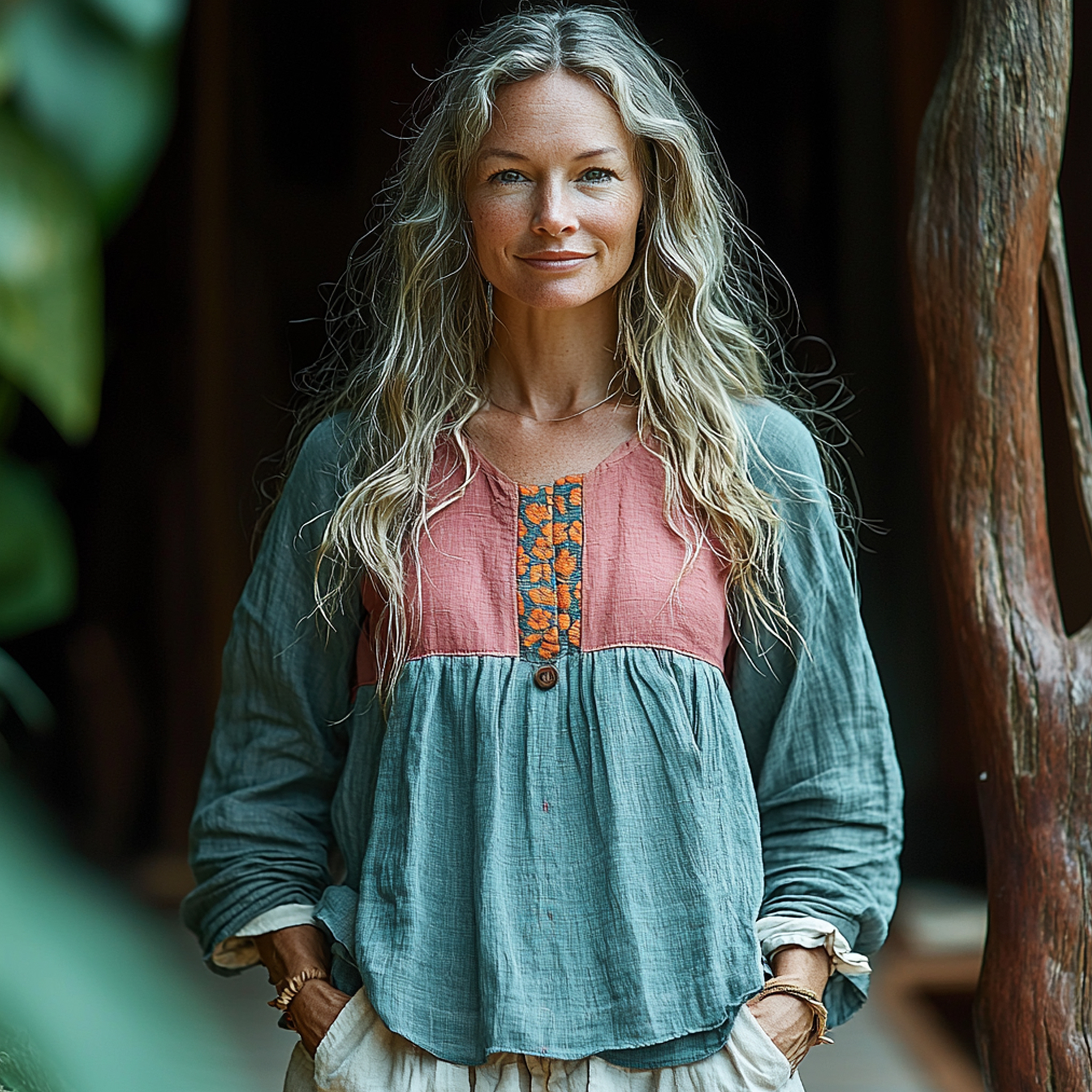 Women's Linen Contrast Panel Bohemian Shirt