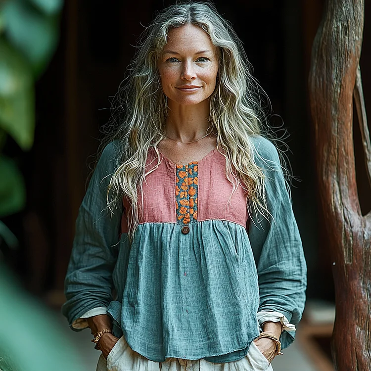 Women's Linen Contrast Panel Bohemian Shirt