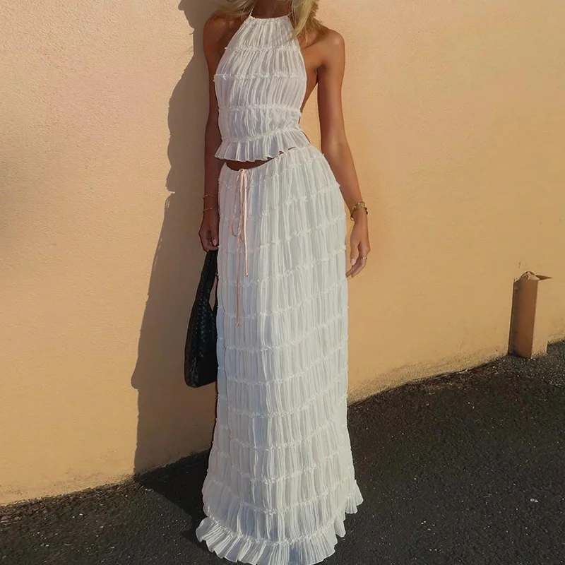 Women Boho Sexy Backless Matching Suit 2 Piece Beach Holiday Outfits Vintage Ruched Halter Cami Tops + Maxi Long Skirt Party Set