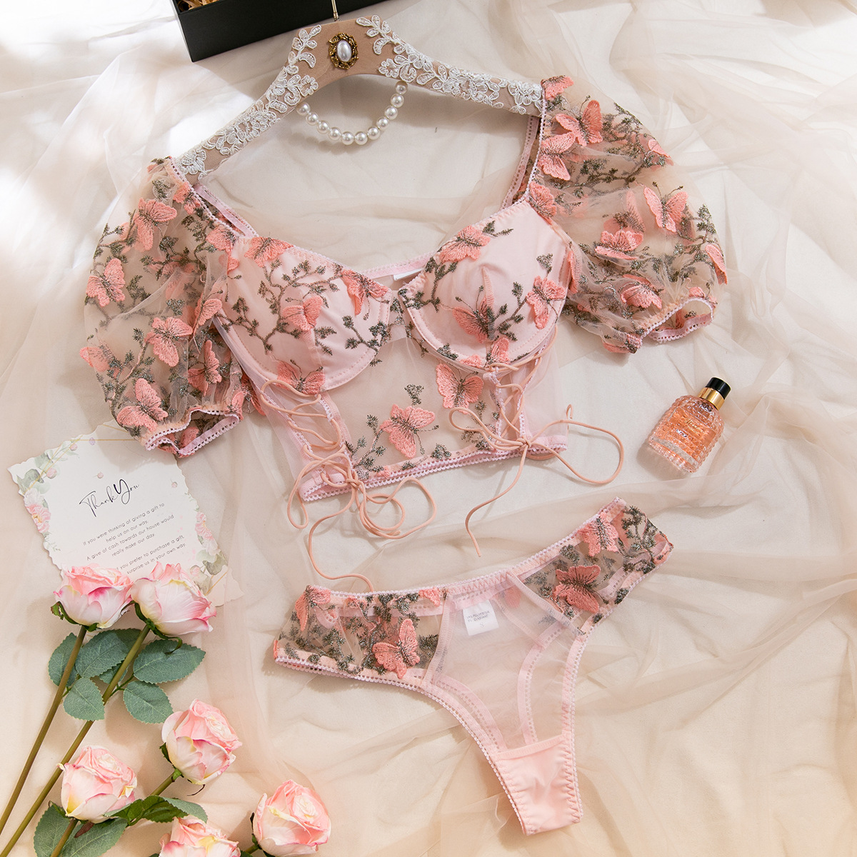 Lovingerie - Butterfly Embroidery Puff Sleeves See - through Belly - exposing Slim Fit Hot Girl Sexy Lingerie