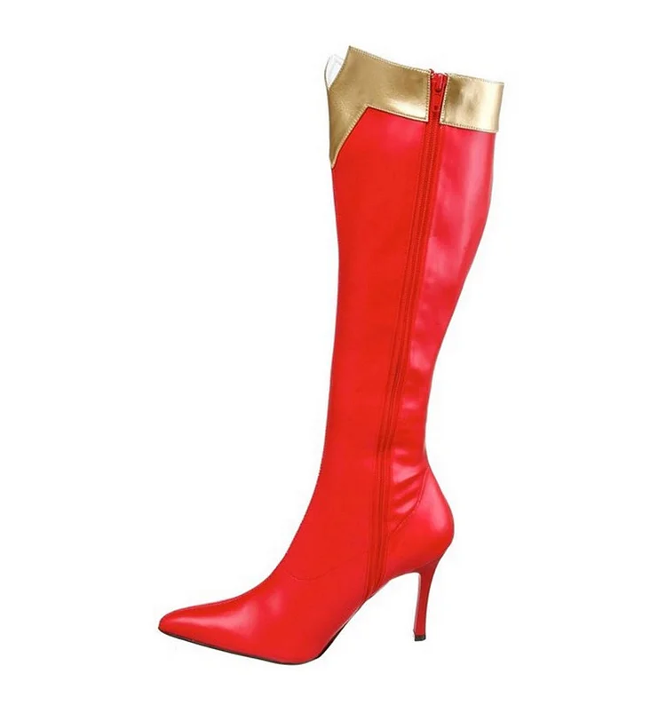 Wonder Women Red&Golden Patent Leather Stiletto Heels Knee-high Boots for Halloween |FSJ Shoes