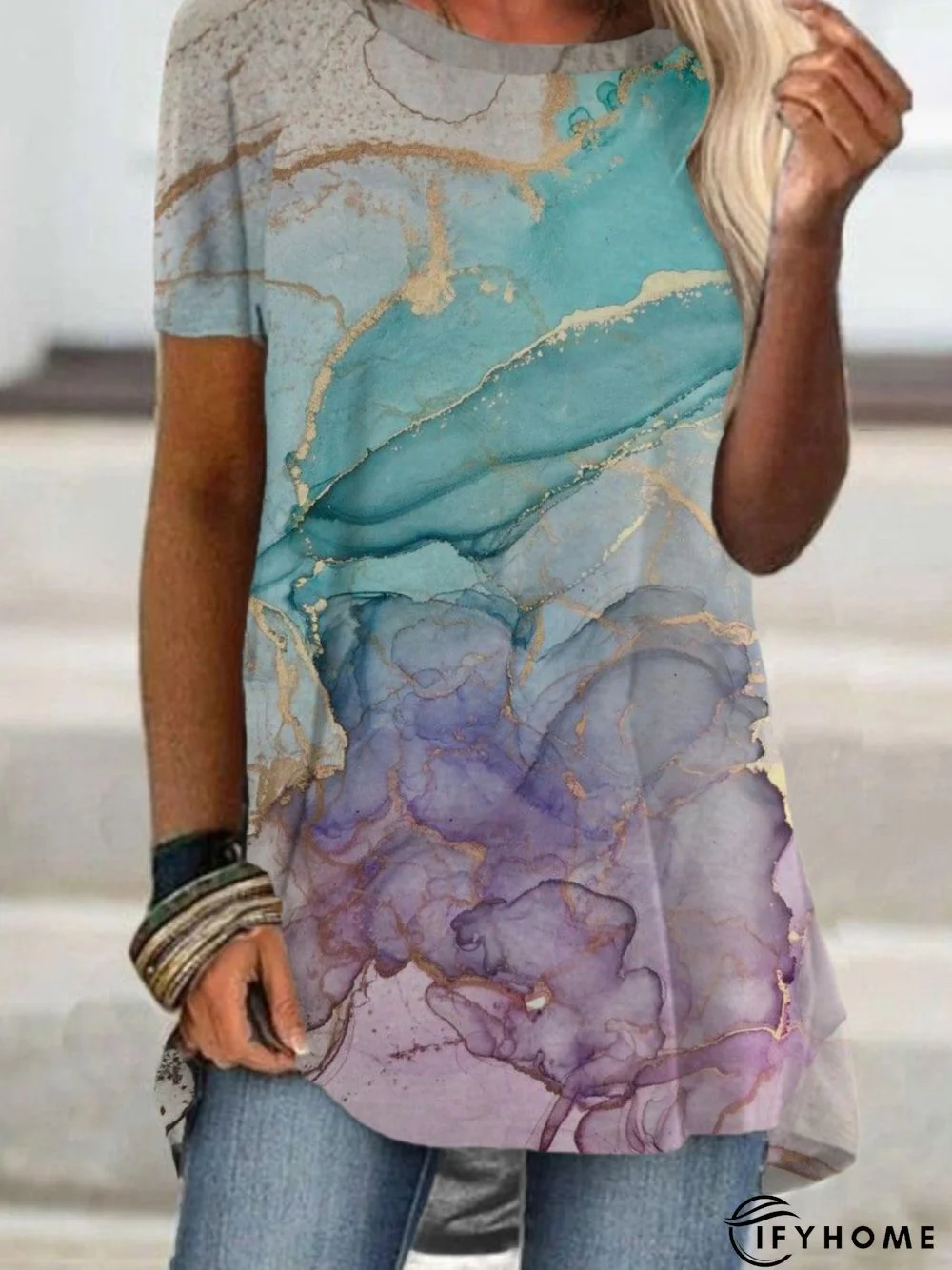 Casual Short Sleeve Round Neck Printed Top T-shirt | IFYHOME