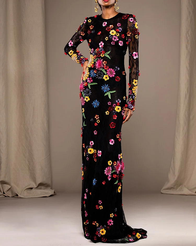 Elegant Floral Sequin Embroidery Dress Gown