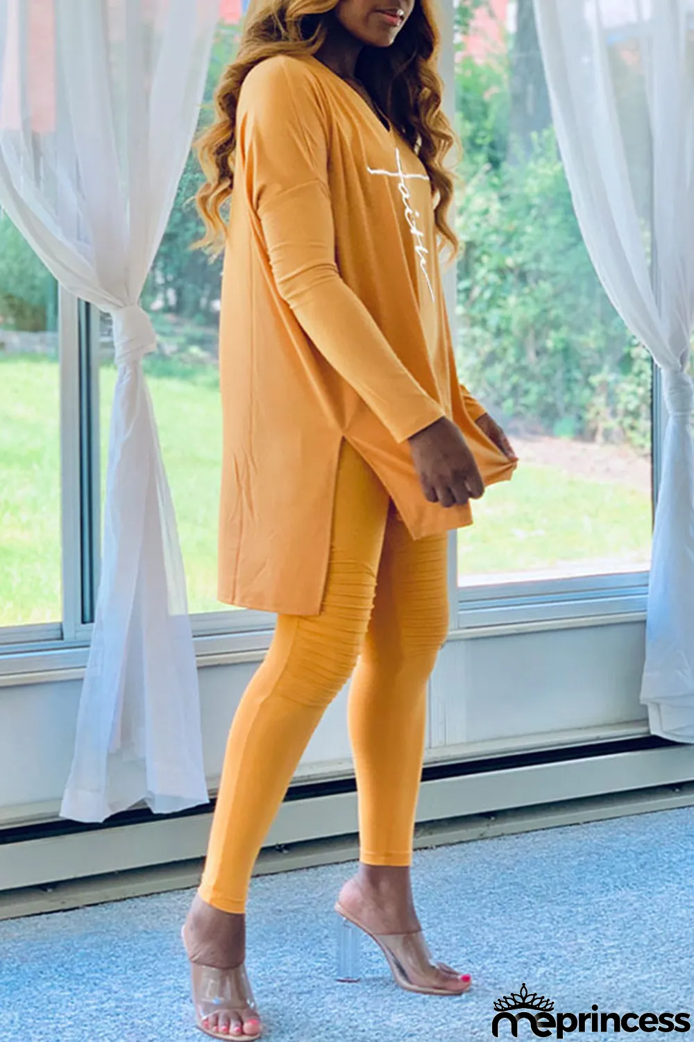 Yellow Casual Print Split Joint Asymmetrical V Neck Long Sleeve Two Pieces