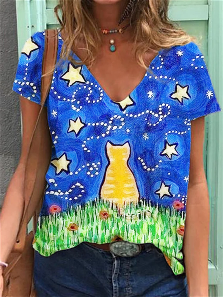 Wearshes Blue Cat Print Comfy T Shirt