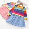 Kid Baby Girls Casual Long Sleeve Rainbow Striped Patchwork Mesh Dresses 2-8 Years