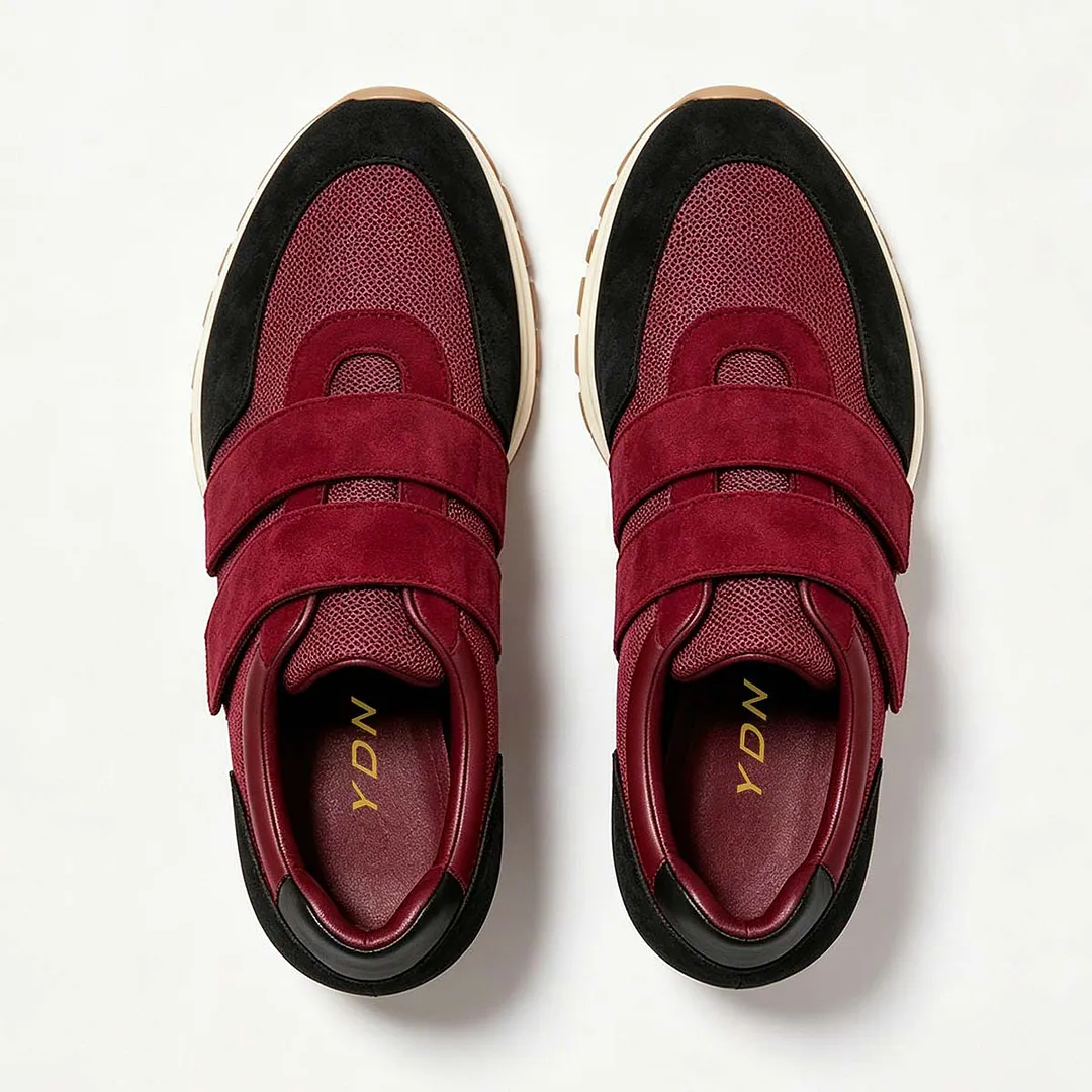 Black and Burgundy Mesh Vegan Suede Closed Toe Stiletto Heel Sneakers