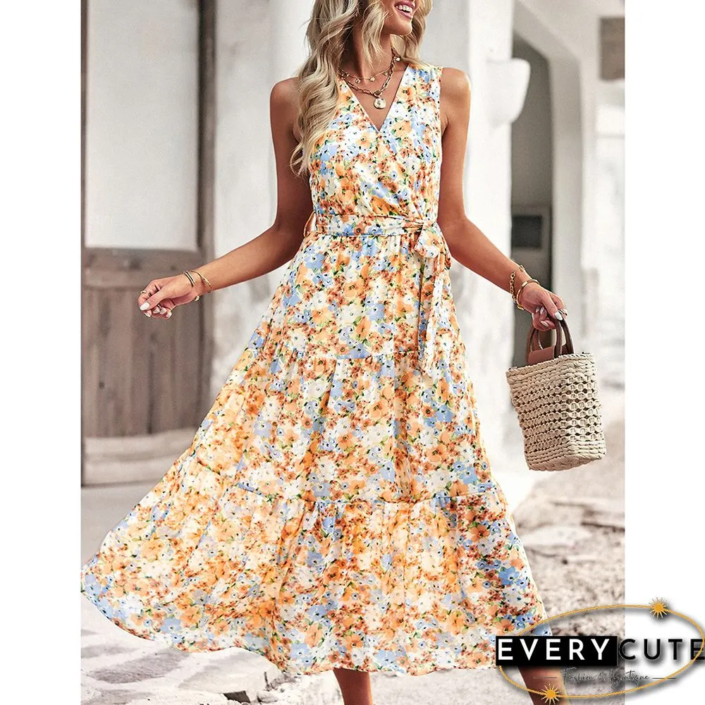 Yellow V Neck Sleeveless Ruffle Floral Dresses