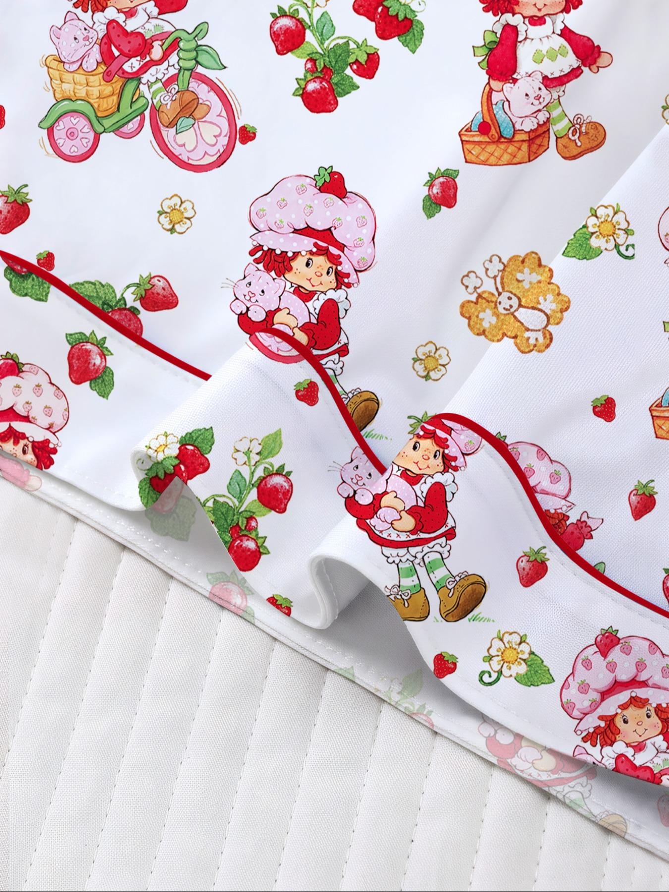 Women's Strawberry Cartoon Print Sleepwear Loungewear Set, Short Sleeve Button-Up Top & Elastic Shorts, Casual Home Wear for Daily Use