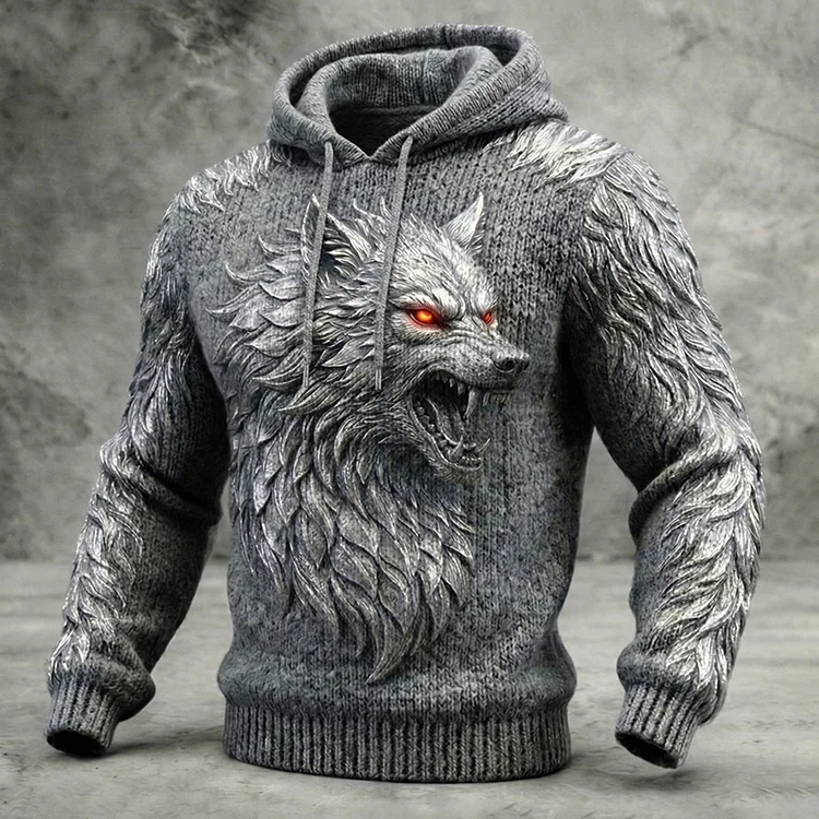 Men's Vintage Wolf Pattern Art Cozy Hooded Sweater