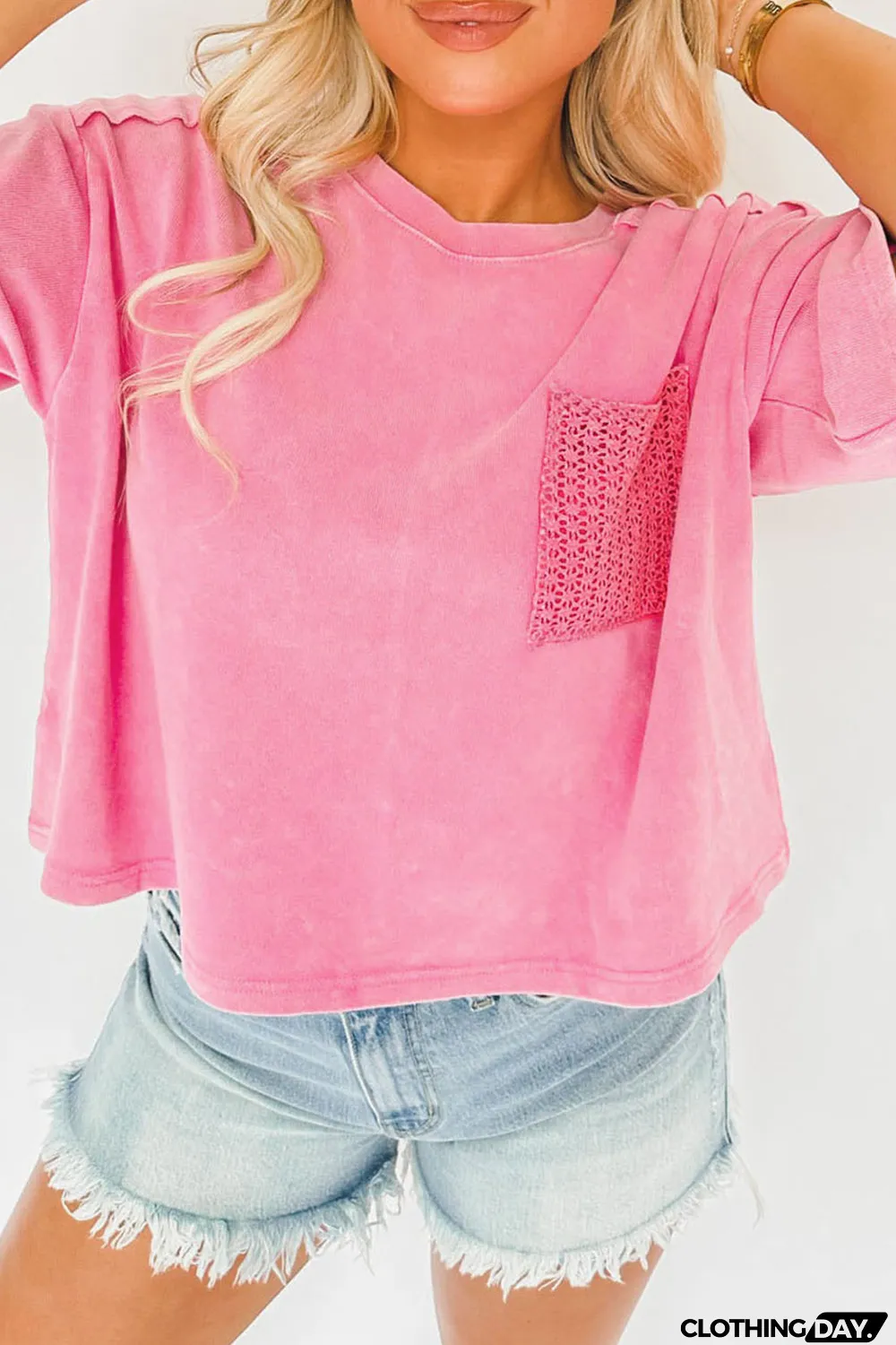 Pink Acid Wash Lace Patch Pocket T-Shirt