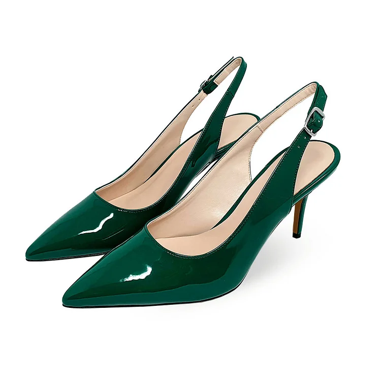 Green Patent Leather Pointy Toe Stiletto Heel Buckled Slingback Pumps |FSJ Shoes