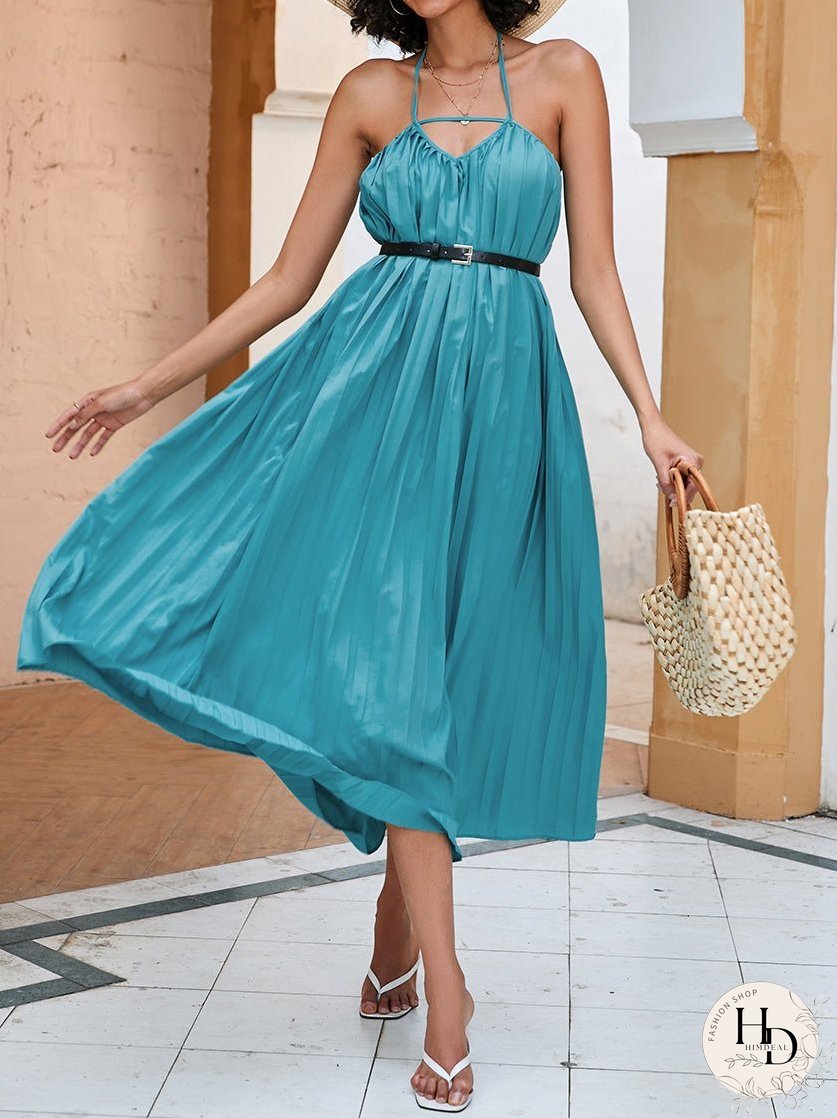 Dresses Solid Hanging Neck Pleated Maxi Dress for Women