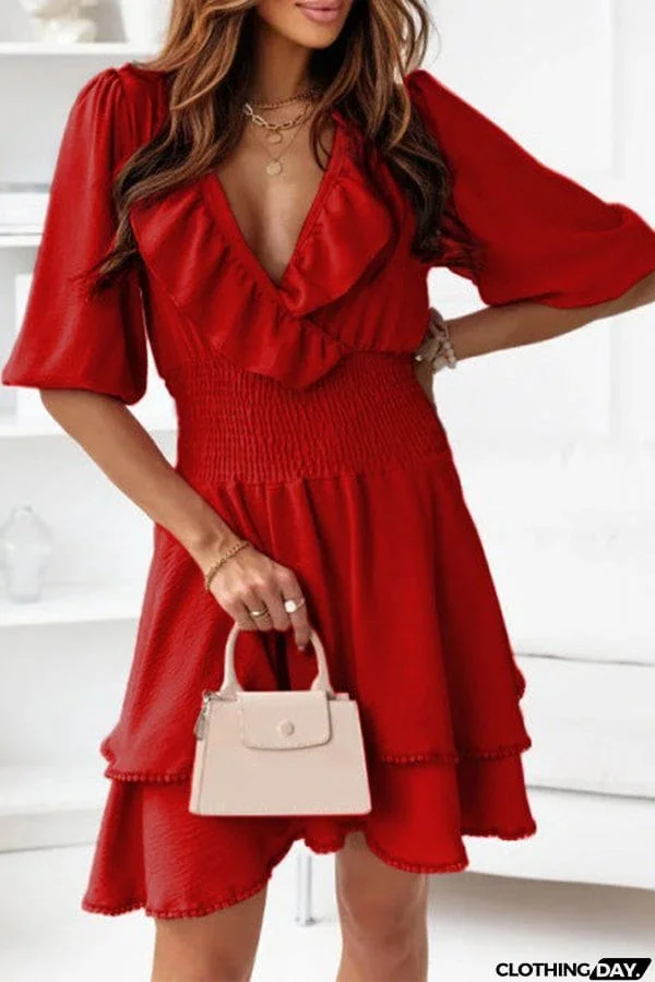 Women's Dresses Solid V-Neck Elastic Waist Ruffle Dress