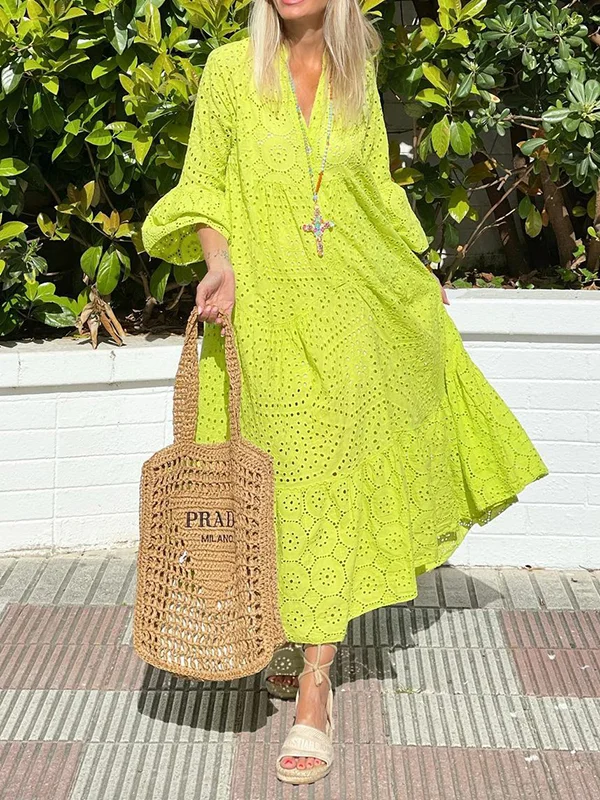 Fluorescent Hollow Solid Color Long Sleeves Loose V-Neck Maxi Dresses