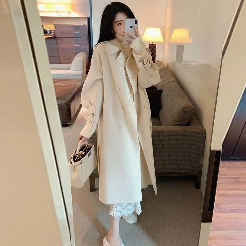 White Woolen Coat Women's Korean Version Loose 2021 New Mid Autumn Long Fashionable Tweed Thickened Coat