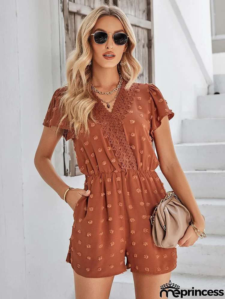 HOUSTON LACE NECK POP ROMPER - BRICK