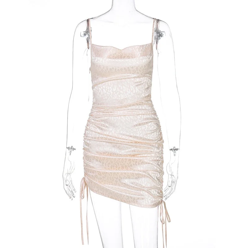Dulzura Leopard Print Satin Women Strap Mini Dress Drawstring Ruched Bodycon Sexy Streetear Party Club Elegant 2021 Summer Slim