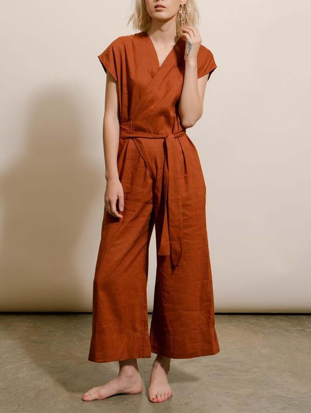 Retro Solid Loose Linen Jumpsuit Lace Up Fashion Casual Sets